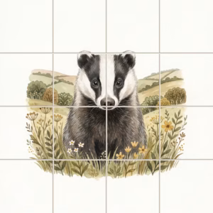 Watercolour tile mural of a badger sitting in a wildflower meadow.