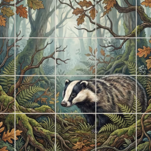 An illustrated tile mural of a badger in a mossy, autumnal forest.