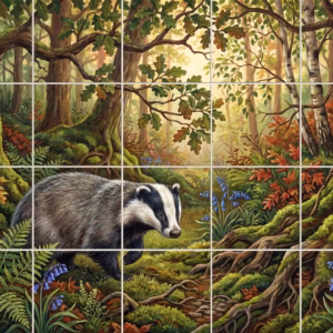 A painted tile mural of a badger walking through a sunlit forest with bluebells.