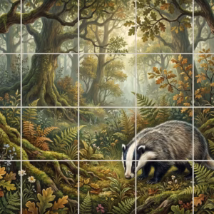 An illustrative tile mural of a badger on a mossy forest floor.