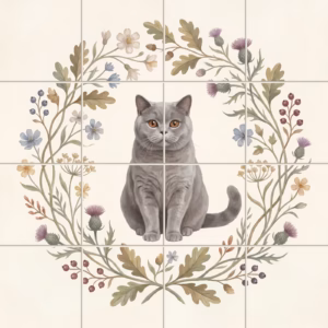 Tile mural of a grey cat sitting inside a painted botanical wreath.