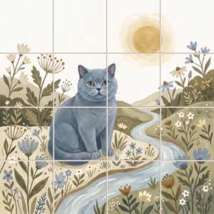 An illustrative tile mural of a grey cat in a wildflower landscape with a stream.