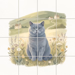 Cat Portrait No. 11 accent tile: watercolour illustration of a grey cat sitting in a field of wildflowers and hills.
