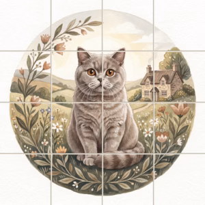 Watercolour tile mural of a grey cat in a circular country landscape.