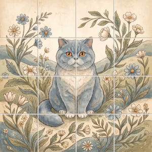 A vintage-style tile mural of a blue-grey cat sitting amidst blue and white flowers.