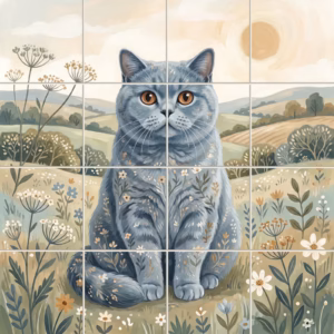 Cat Portrait No. 15 accent tile: a painted mural of a grey cat with floral-patterned fur in a wildflower meadow.