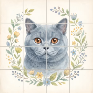 A tile mural of a grey cat's face inside a floral wreath.