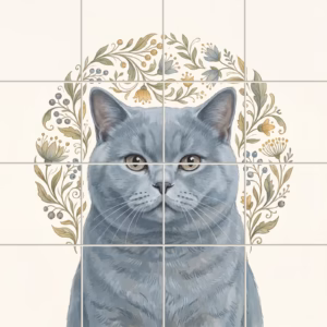 A tile mural of a grey British Shorthair cat with a floral wreath.