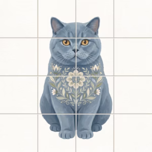 Tile mural of a blue cat with a floral folk art pattern.
