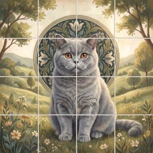 Cat Portrait No. 40 accent tile: a tile mural of a grey British Shorthair cat in a green meadow.