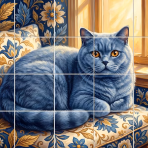 Tile mural of a blue British Shorthair cat on a floral chair.