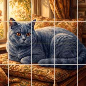 Cat Portrait No. 7 tile mural: a painting of a fluffy grey cat with orange eyes on a cushioned chair.
