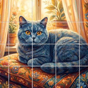 A painterly tile mural of a blue cat with amber eyes on a cushion.