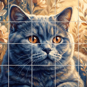 A painterly tile mural of a blue-grey British Shorthair cat with amber eyes.