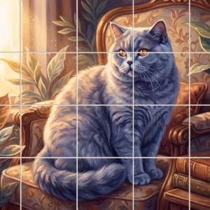 A detailed painting of a fluffy grey cat sitting on a vintage armchair.