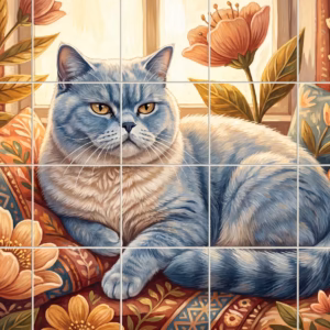 A painterly tile mural of a grey British Shorthair cat on orange cushions.
