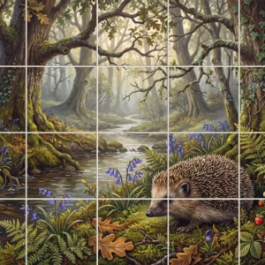 Hedgehog Study No. 5 tile mural: illustrative painting of a hedgehog in a bluebell wood next to a stream.