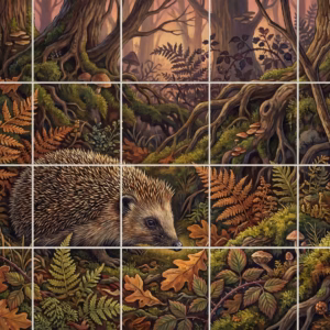 An illustrative tile mural of a hedgehog on a mossy autumn forest floor.