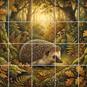 An illustrative tile mural of a hedgehog in a warm, sunlit autumn forest.