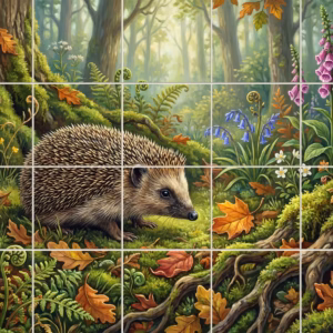 A painterly mural of a hedgehog in a sunlit forest with wildflowers.