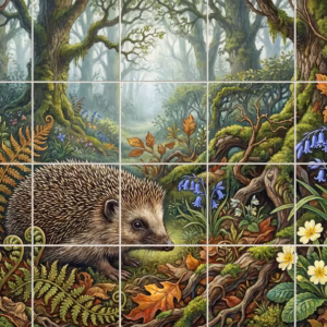 A tile mural of a hedgehog in an enchanting forest with ferns and bluebells.
