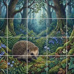 An illustrative tile mural of a hedgehog in a green forest with bluebells.