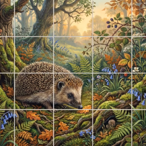 An illustrative tile mural of a hedgehog in a woodland with bluebells and ferns.