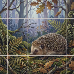 A painted tile mural of a hedgehog amongst ferns and oak leaves in a forest.