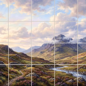 A painted tile mural of a Scottish Highland valley with a river and mountains.