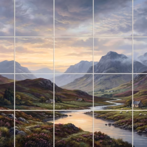 A tile mural of a painting showing a Scottish highland valley at sunrise.