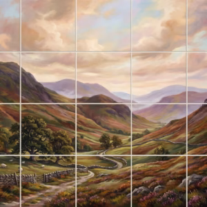 A landscape painting tile mural of a valley with purple heather and stone walls.