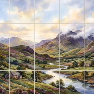 Watercolour tile mural of a river valley with green hills and a stone cottage.