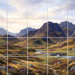 A painted mural of a Scottish Highlands landscape with a river and bridge.