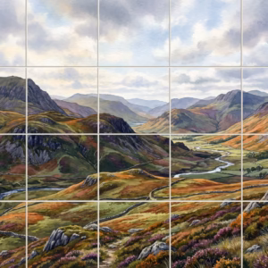Watercolour mural of a vast mountain valley with a winding river and hills.