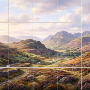 A landscape painting tile mural of a mountain valley with purple heather.