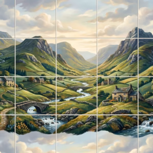 Tile mural of a painterly English countryside valley with mountains and cottages.
