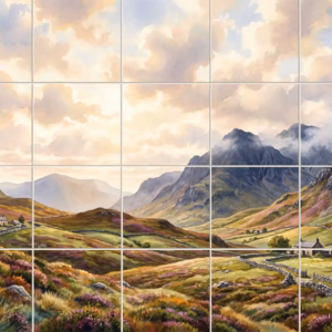 A watercolour tile mural of a Scottish mountain valley with purple heather.
