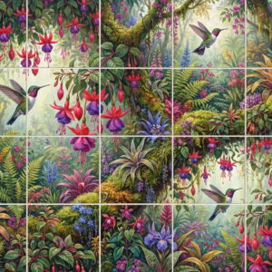 An illustrative mural of hummingbirds flying among fuchsia flowers in a lush jungle.