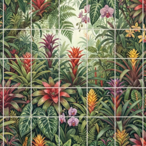 A tile mural of a lush jungle with colourful bromeliads and green foliage.