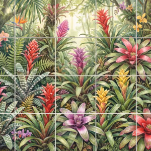 A watercolour painting of a tropical jungle filled with colourful bromeliad and orchid flowers.