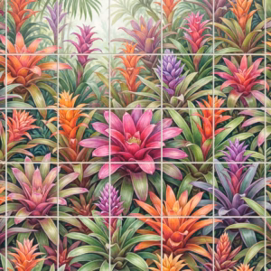 A colourful painted mural of tropical bromeliad flowers in a dense jungle.