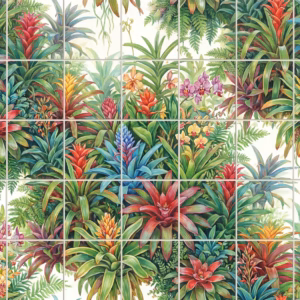 A tile mural of a painted tropical garden with red and blue bromeliads.
