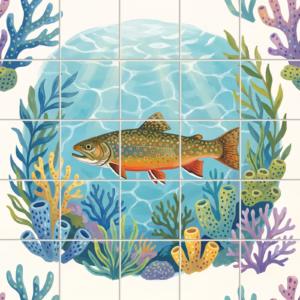 A tile mural of a colourful illustrated trout swimming amongst stylized underwater plants.