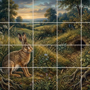A painterly tile mural of a hare sitting in a grassy meadow at sunset.