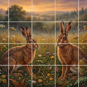 Brown Hare Study No. 11 tile mural: two brown hares sit facing each other in a misty wildflower meadow at sunset.