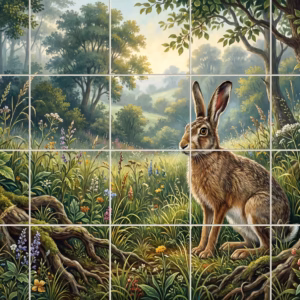 A tile mural of a hare sitting in a sunlit woodland wildflower meadow.