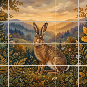 A painted tile mural of a brown hare in a wildflower meadow.