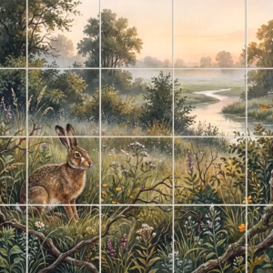 Brown Hare Study No. 14 tile mural: watercolour mural of a brown hare in a wildflower meadow beside a river.