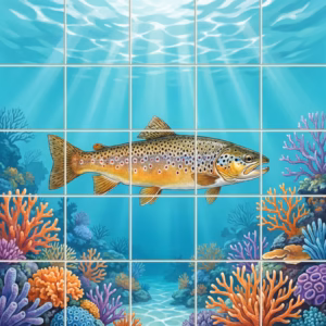 A painted tile mural of a brown trout swimming over a vibrant coral reef.