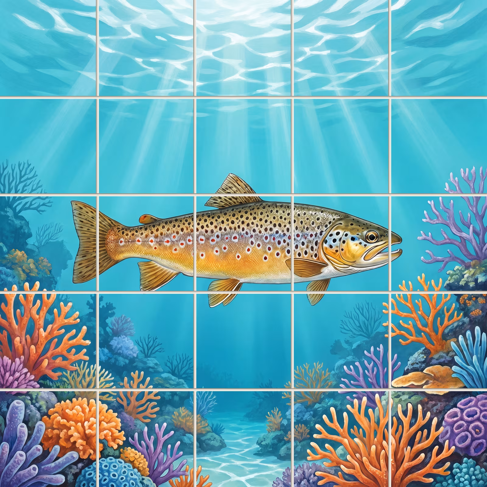 A painted tile mural of a brown trout swimming over a vibrant coral reef.
